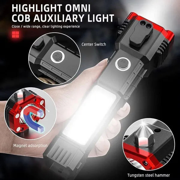 Tech Swadeshi High Power LED Flashlight | Rechargeable, Multi-Mode, with Emergency Hammer